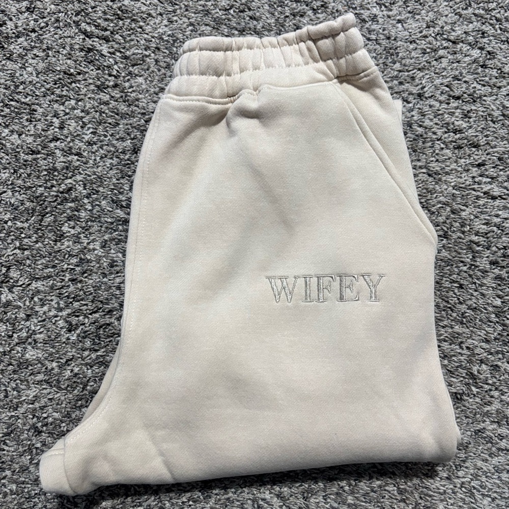 Cream Sweatpants with 'WIFEY' Embroidery